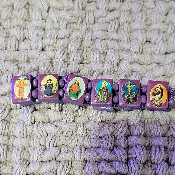 Purple Handmade Wooden Religious Saints Stretchy Beaded Bracelet - Picture 3 of 3